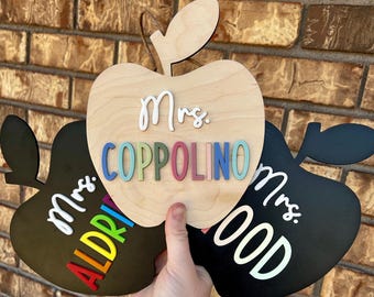 Apple Teacher Name Sign, Teacher Door Hanger, Name Sign, Name Hanger, Large Name Hanger, Maple Sign, Primary, Pastel, Apple