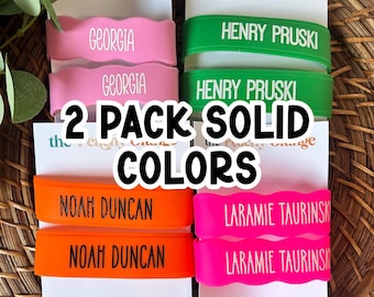 Two Pack of Engraved Silicone Cup Bands, Reusable Name Label for Kids, Daycare Bottle Tag, Sports Bottle Label, Condiment Bottle