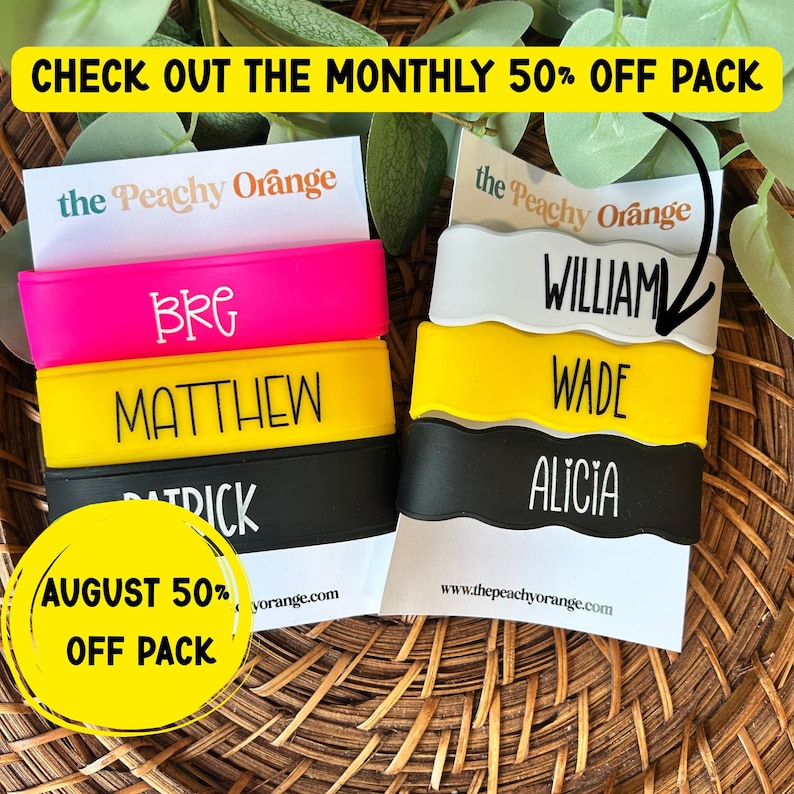 May include: A collection of silicone wristbands in neon pink, yellow, and black, featuring custom names like BRG, MATTHEW, PATRICK, WILLIAM, WADE, and ALICIA. The bands are displayed on white cards with the text the Peachy Orange and www.thepeachyorange.com.