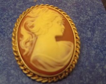 May include: A cameo brooch with a gold-toned frame and a white cameo of a woman's profile.