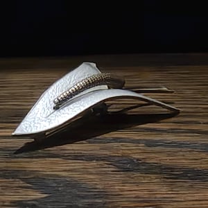 Könnte beinhalten: Eine silberfarbene Haarklammer mit strukturierter Oberfläche und einem goldfarbenen Dekorelement. Die Klammer ist blattförmig und hat ein geschwungenes Design.