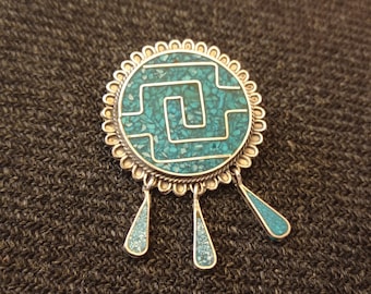 Vintage Mexican Silver & Turquoise Aztec Design Brooch