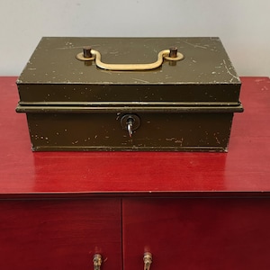 May include: An olive green metal cash box with a gold-coloured handle and keyhole. The box sits on a red wooden surface. The handle is curved and attached to the top of the box. The key is in the keyhole.