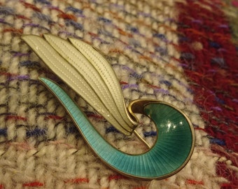 Beautiful Guilloche Enameled Norwegian Abstract Wing Brooch By Aksel Holmsen -  Turquoise and White