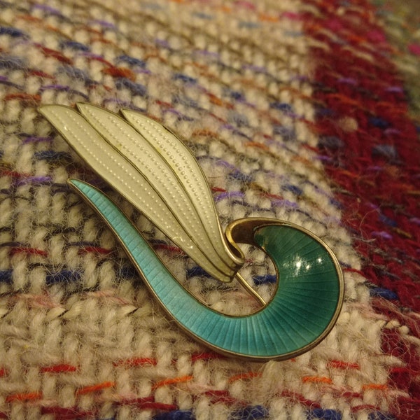 Beautiful Guilloche Enameled Norwegian Abstract Wing Brooch By Aksel Holmsen -  Turquoise and White