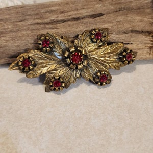 May include: A gold-toned brooch with a leaf design and red rhinestone accents.