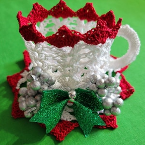 Teacup & Saucer with Floral Decor Pattern. Crochet Thread