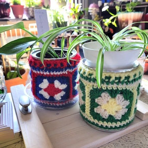 May include: Two potted plants with green leaves, one in a red, white and blue crocheted pot cover and the other in a green and yellow crocheted pot cover.
