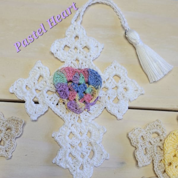 Granny Square Heart in a Cross Bookmark and Ornament Pattern pdf Instant Download Thread Crochet