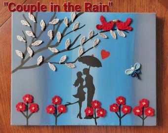 Ali Mar Paintings 11" x 14" "Couple in the Rain" Canvas Acrylic Painting with Crocheted Trees and Gingerbread man. Comes with hanger.