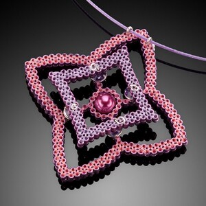May include: A pink and purple beaded necklace with a star-shaped pendant. The pendant is made of multiple layers of beads, creating a geometric design. A single pearl is in the center of the pendant.