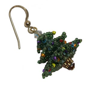 May include: Green beaded Christmas tree earring with gold hook and colorful beads.