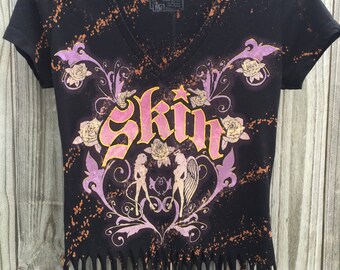 Clearamce Sale!!! Skin Industries Distressed, Up Cycled, Bleached, Fringed, Womens T Shirt Medium