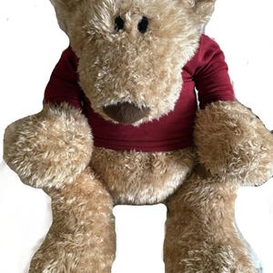 Op de afbeelding: Een pluche teddybeer met lichtbruine, ruige vacht en een donkerbruine neus. De beer draagt een effen, donkerrood shirt met lange mouwen dat de romp en armen bedekt. De beer heeft twee kleine, donkere, ronde ogen en afgeronde oren.