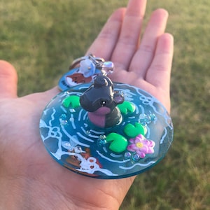 Baby hippo sculpture figurine resin keychain key ring charm koi pond hippopotamus animal lover novelty handmade art