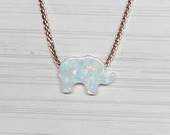 Tiny Opal Elephant Necklace, White Fire Opals, Good Luck Charm, Birthstone, Choose 925 Sterling Silver, Yellow Gold or Rose Gold Filled