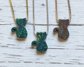 Opal Cat Necklace/Kitty Pendant/Halloween Jewelry/Birthday/Jewellery for Kids and Adults/Autumn/Black Cat/Holiday Gift Ideas/Spooky