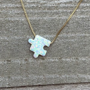 Opal Puzzle Piece/White Fire Opals/Birthday Gift For Her/October Birthstone/Minimalist Necklace/Best Friend Necklaces/Autism Awareness Charm