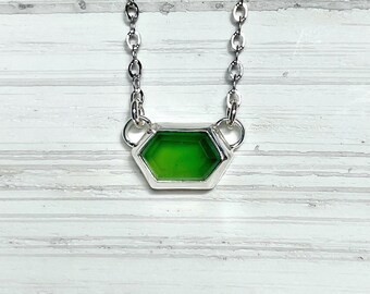 Serpentine Sterling Silver Necklace, Faceted Hexagon Cabochon, Green Stone Pendants, Magnetic Clasp Available, Free Shipping, Handmade