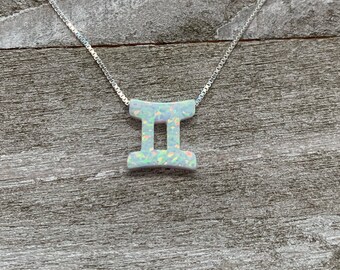 Opal Gemini Pendant Necklace, Sterling Silver Zodiac Jewelry