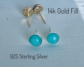 Amazonite Studs/925 Sterling Silver/14k Gold Filled/Minimalist Earrings/6mm Cabochon/Birthstone/Birthday Gift Ideas/Aqua Blue Stones