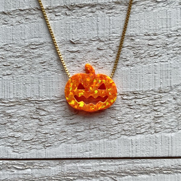 Pumpkin Opal Necklace/Jack O Lantern Pendant/Halloween Jewelry/Birthday/Jewellery for Kids and Adults/Autumn/Thanksgiving/Holiday Gift Ideas