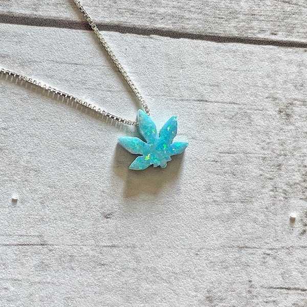 Weed Leaf Opal Necklace, 14k Gold Fill, or Sterling Silver, Cannabis Pendant, Marijuana Charm, Birthstone Gifts, Pot Leaf Jewellery, Hippie