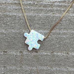 Opal Puzzle Piece/White Fire Opals/Birthday Gift For Her/October Birthstone/Minimalist Necklace/Best Friend Necklaces/Autism Awareness Charm