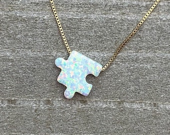 Opal Puzzle Piece/White Fire Opals/Birthday Gift For Her/October Birthstone/Minimalist Necklace/Best Friend Necklaces/Autism Awareness Charm