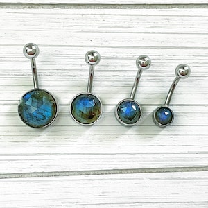Labradorite Belly Ring, Surgical Steel, Hypoallergenic Body Jewelry