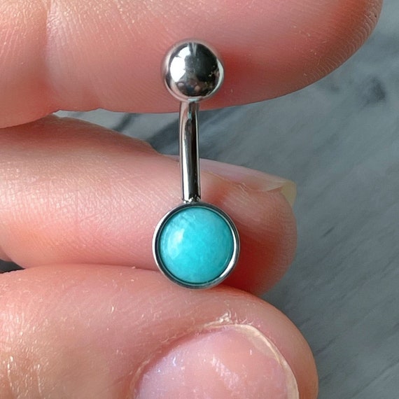 Surgical Steel Belly Button Navel Ring Bar with Amazonite Semi Precious Oval Stone Surgical Steel Belly Button Navel Ring Bar with Amazonite Semi Precious Oval Stone
