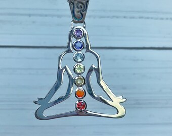 Seven Chakra Pendant Necklace/Solid .925 Sterling Silver/Genuine Faceted Gemstones/Healing Jewelry/Chain Included/Magnetic Clasp Option