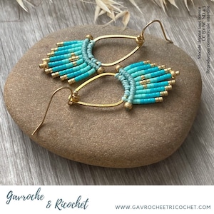 ICA earrings, beaded fringe drops, micro macrame and miyuki beads, boho chic / Turquoise, mint and gold