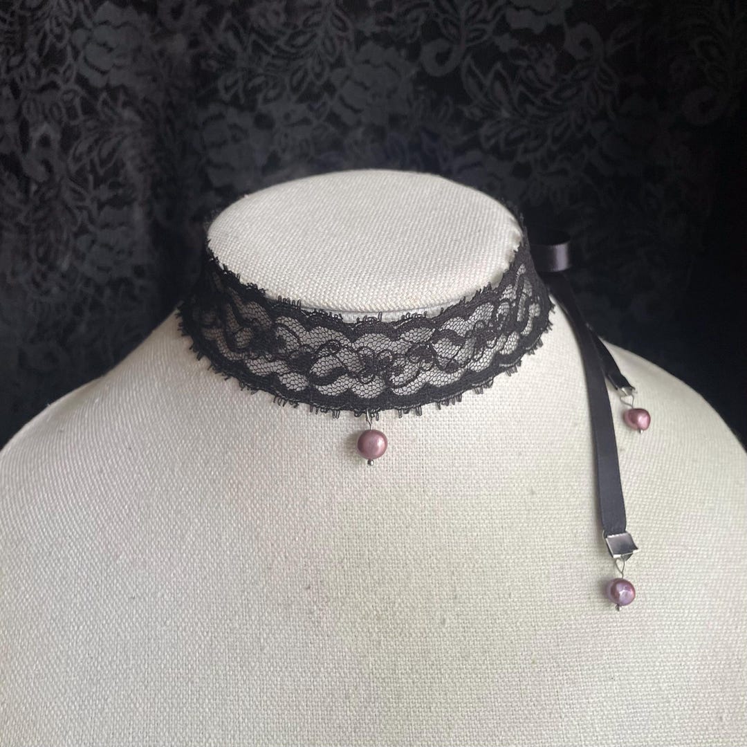 Goth Black Lace Choker With Red Pearls – Victorian Vampire Satin Ribbon ...