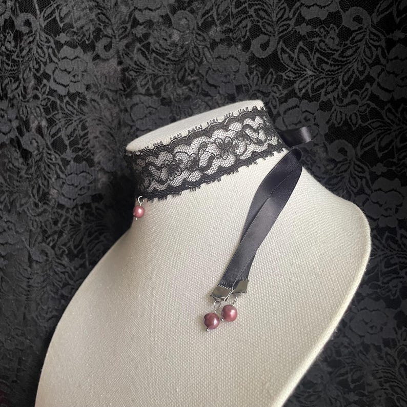 Goth Black Lace Choker With Red Pearls – Victorian Vampire Satin Ribbon ...