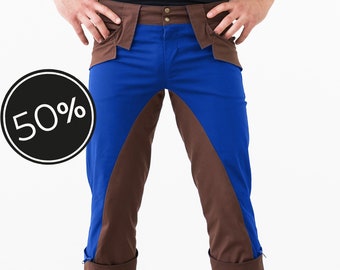 Pantalones cortos elásticos de color azul y marron con bolsillos