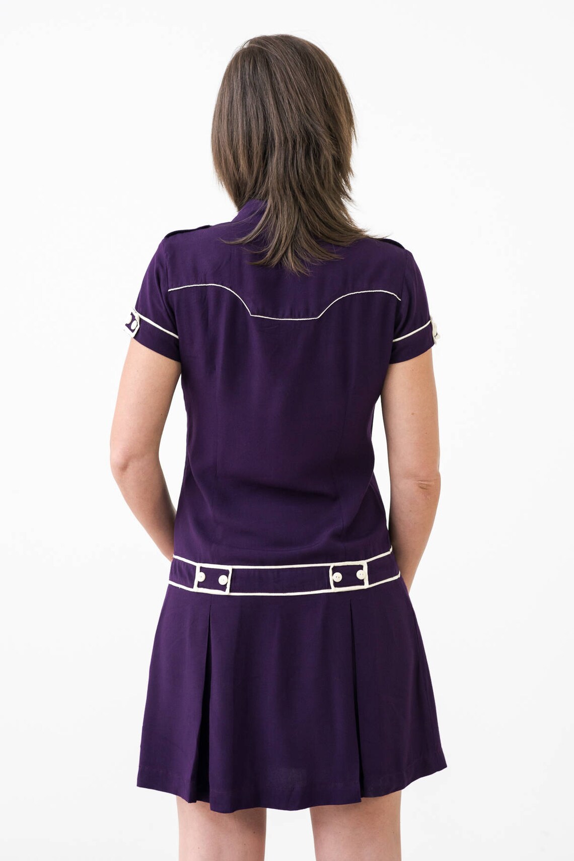 Purple & cream fitted dress with pleated skirt and buttons. | Etsy