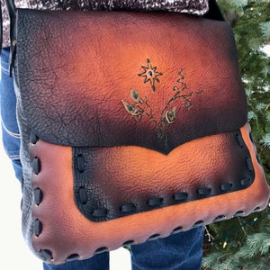 Hand-Crafted Leather Messenger Bag w Black Star Diopside & Hand-Stitched Vine Applique, Hand-Dyed Leather, Wide Adjustable Strap