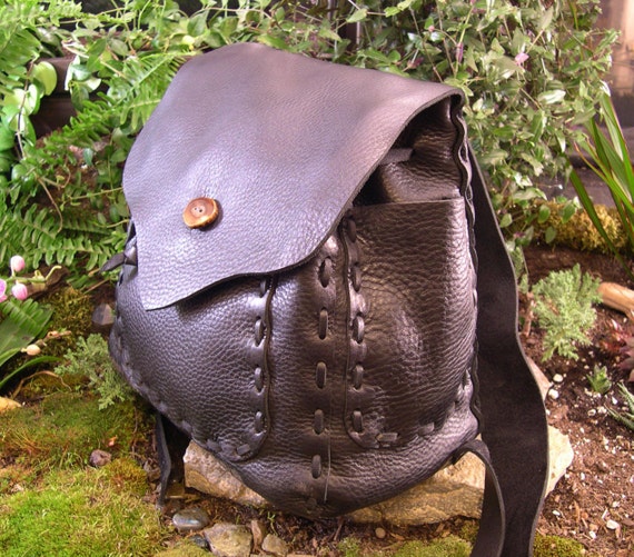 Handmade Tan LEATHER Backpack Rucksack on Snap buttons from cowhide leather Simple leather Hipster backpack with one front pocket