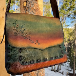Hand Dyed Leather Messenger Bag, Hand Stitched Vine Applique, Inside Zipper Pocket, 2 Inch Wide Adjustable Strap, Hand Made Leather Love
