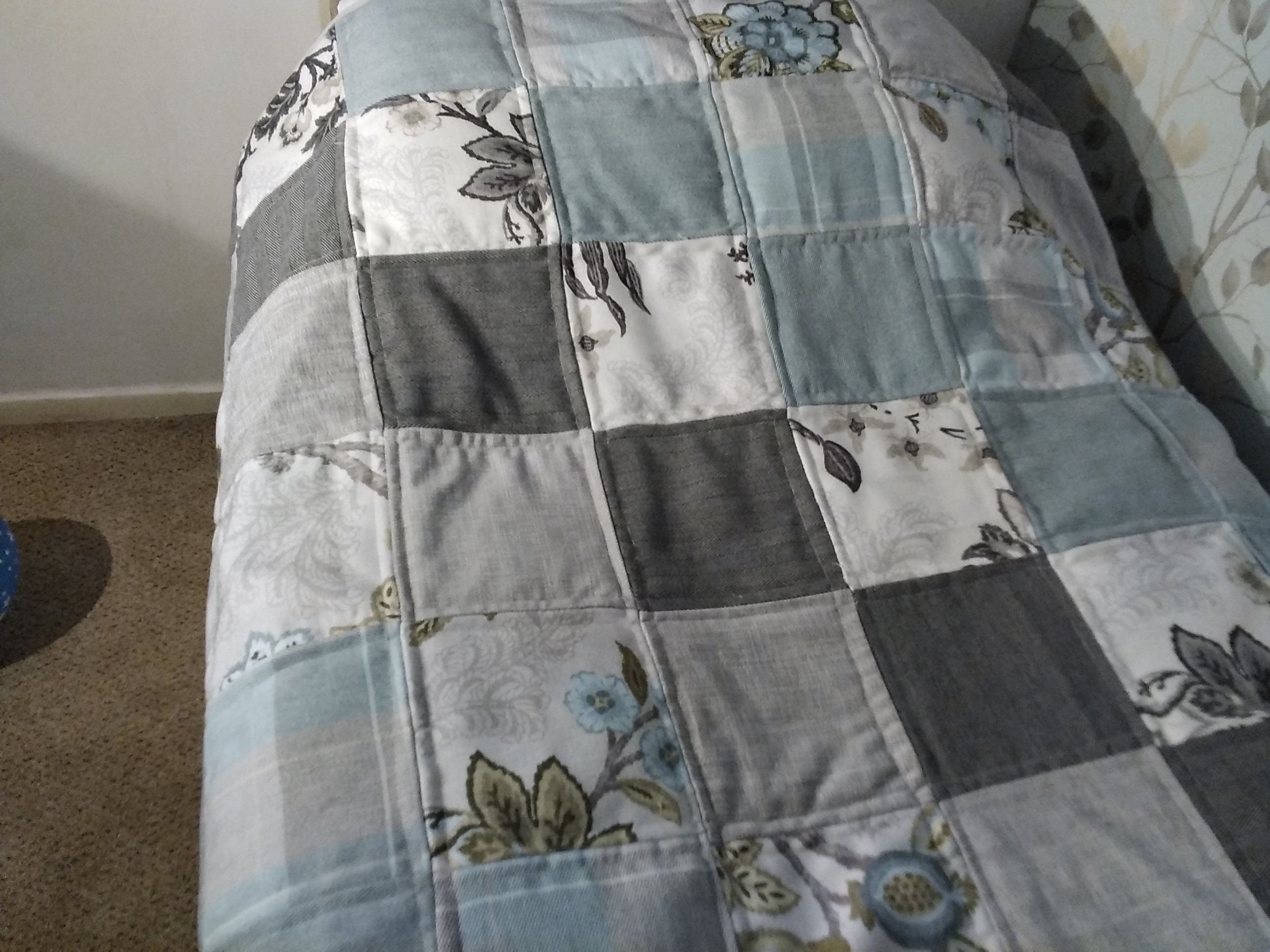 Patchwork Quilt, Duck Egg Blue and Grey Double/single Bed/lap Quilt