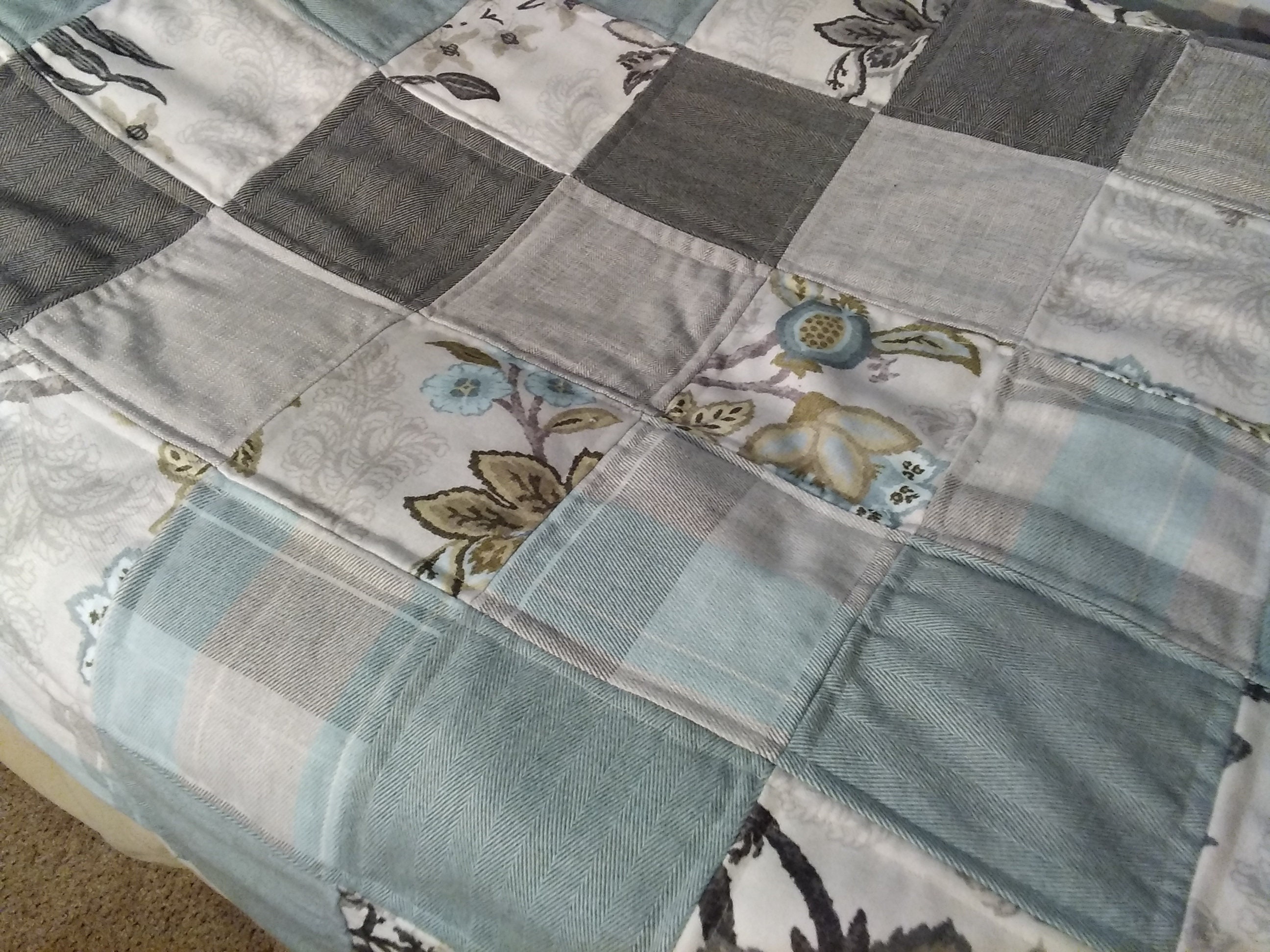 Patchwork Quilt, Duck Egg Blue and Grey Double/single Bed/lap Quilt