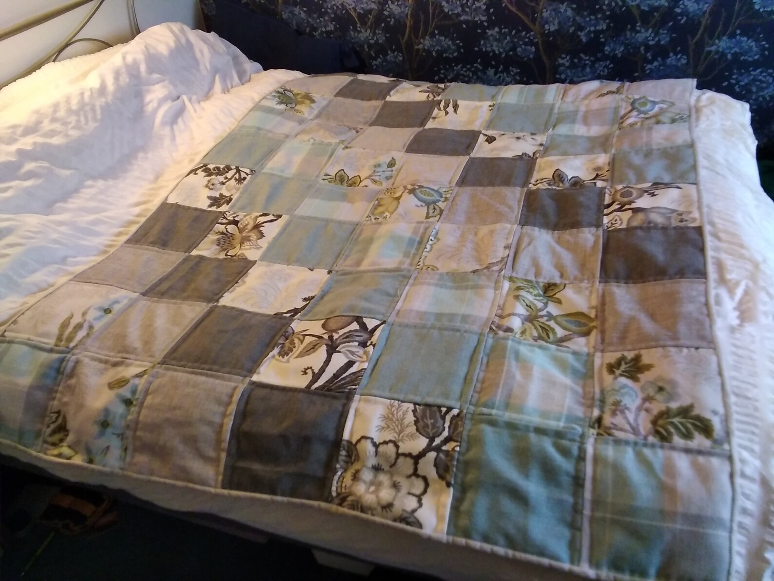Patchwork Quilt, Duck Egg Blue and Grey Double/single Bed/lap Quilt