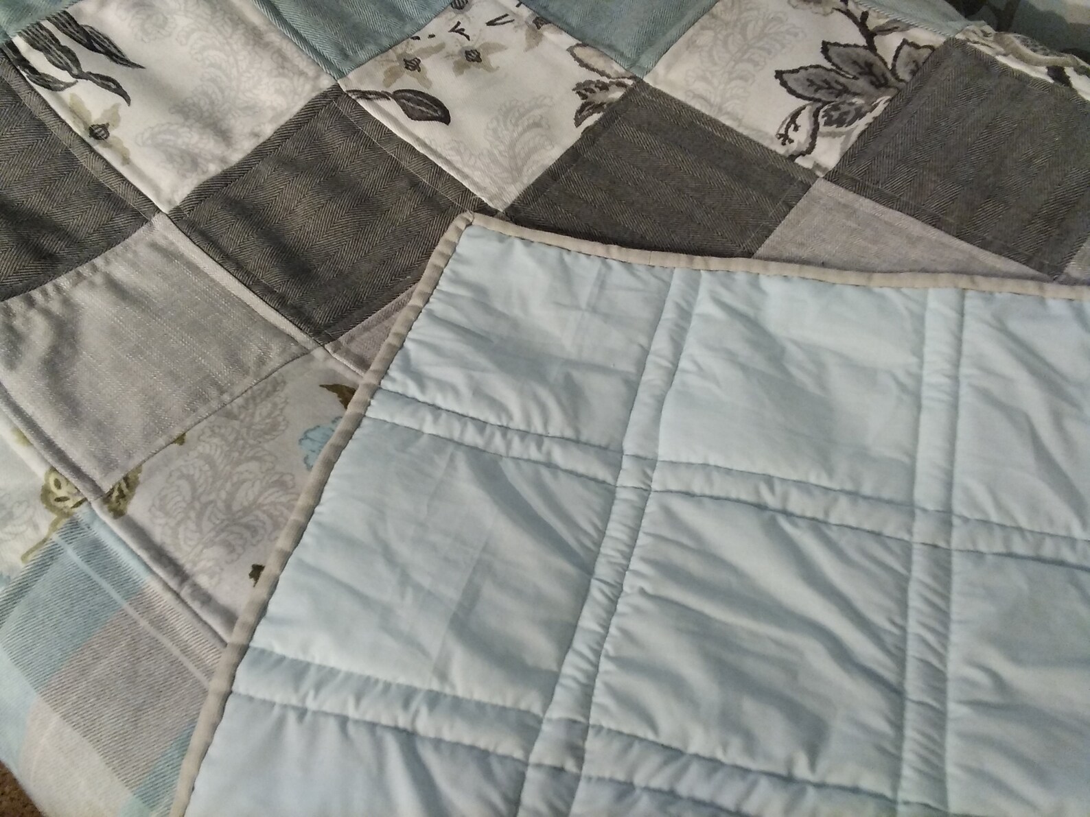 Patchwork Quilt, Duck Egg Blue and Grey Double/single Bed/lap Quilt
