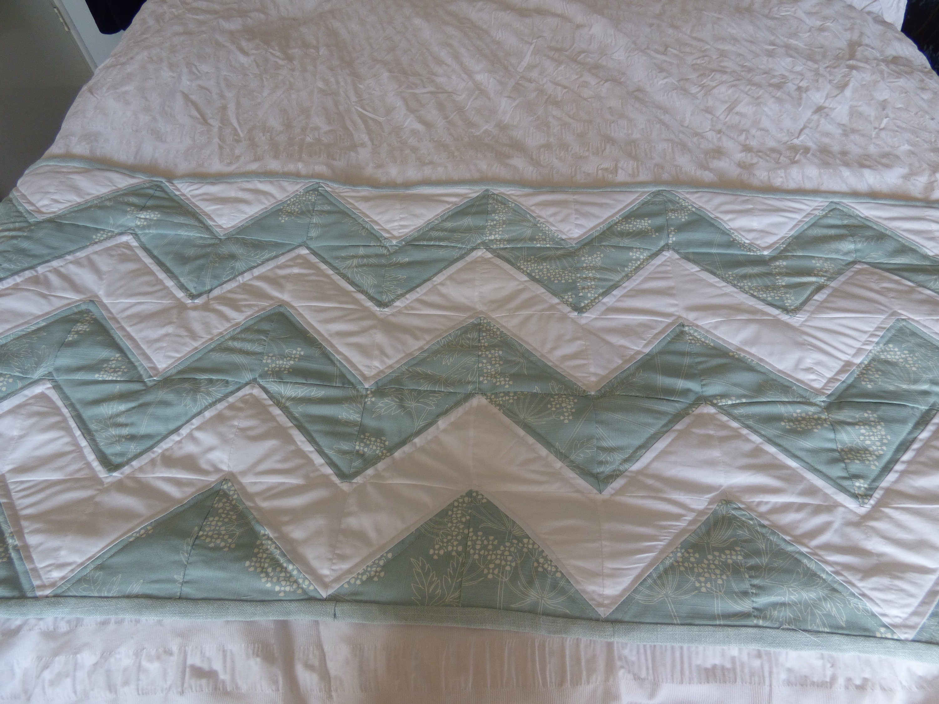 Quilted Bed Runner. Duck Egg Blue and White Chevrons. This Etsy