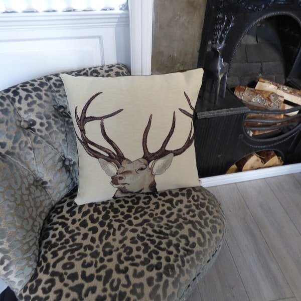 Stag cushion cover. Moose cushion. Animal face cushion. Deer antler image. Tapestry style. Beige, cream or brown back with zip. Great gift.