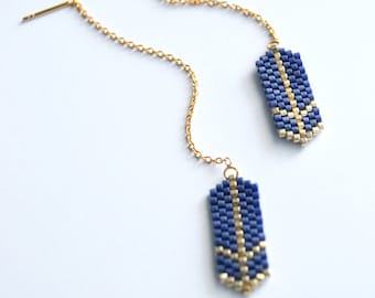 Delicate threader earrings, blue-gold Delica beads earrings, minimalist style jewelry