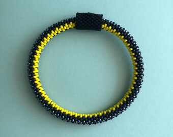 Bead crochet bracelet, black-yellow bracelet, cozy boho bracelet