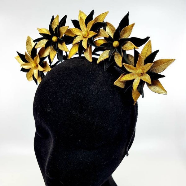 Metallic gold and black genuine leather flower crown / headband / fascinator, ideal for the races inc. Melbourne Cup or FOTF entrants