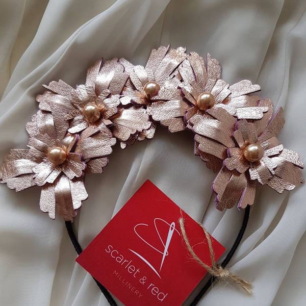 Metallic rose gold genuine leather flower crown / headband / fascinator, ideal for a bride / bridesmaid / flower girl, or the races